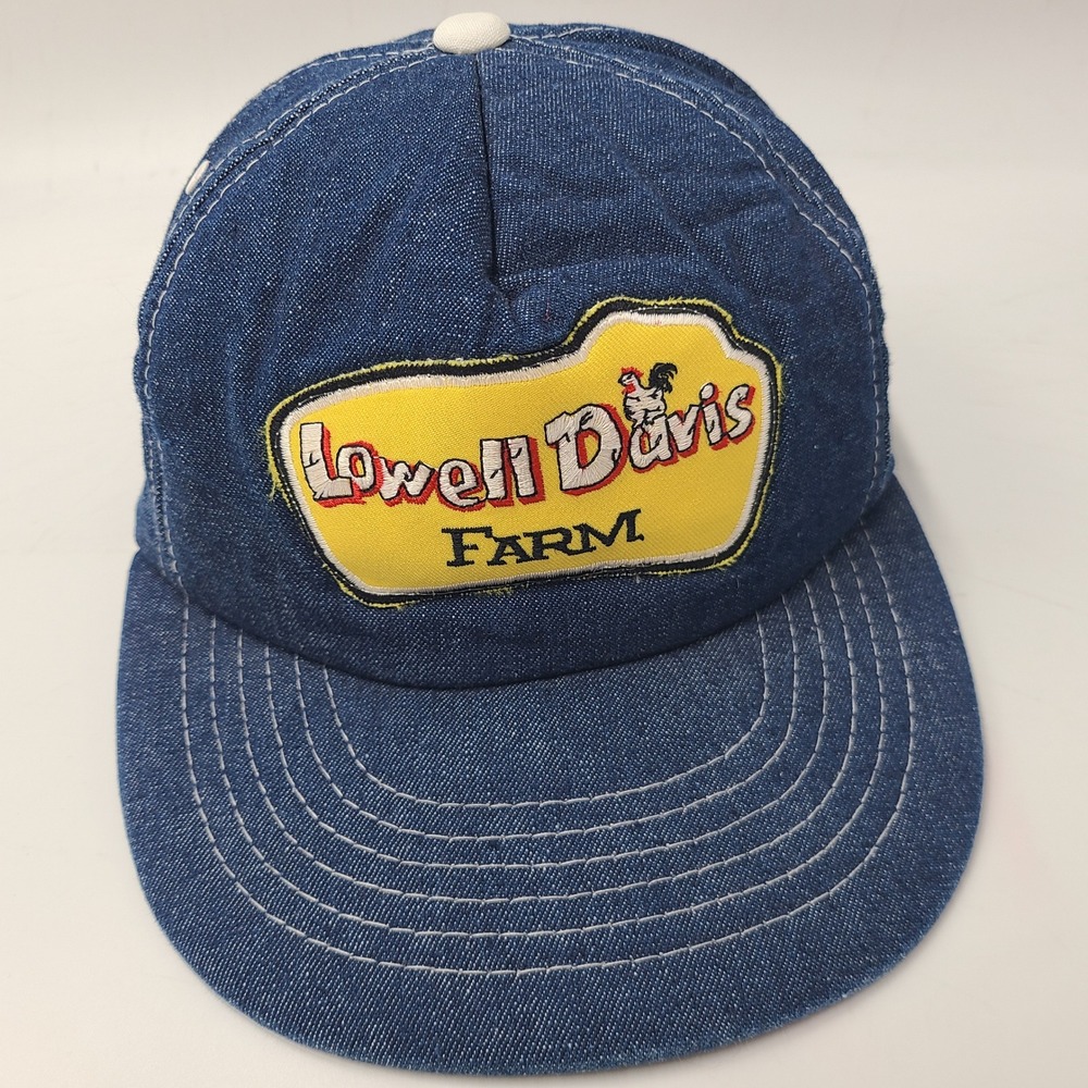 Vintage Denim Hat Snapback (Fits‎ Small) Blue Yellow Lowell Davis Farm Patch 80s